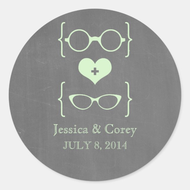 Green Geeky Glasses Chalkboard Wedding Stickers (Vorderseite)