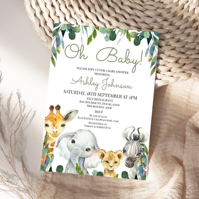 Green Gender Neutral Safari Baby Dusche Einladung (Gender Neutral Greenery Safari Baby Shower Invitation Jungle Animals Baby Shower Invite Foliage )