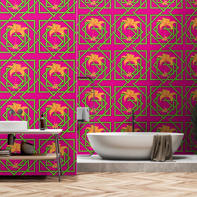 Green Geo Floral Pink Tapete (Badezimmer)