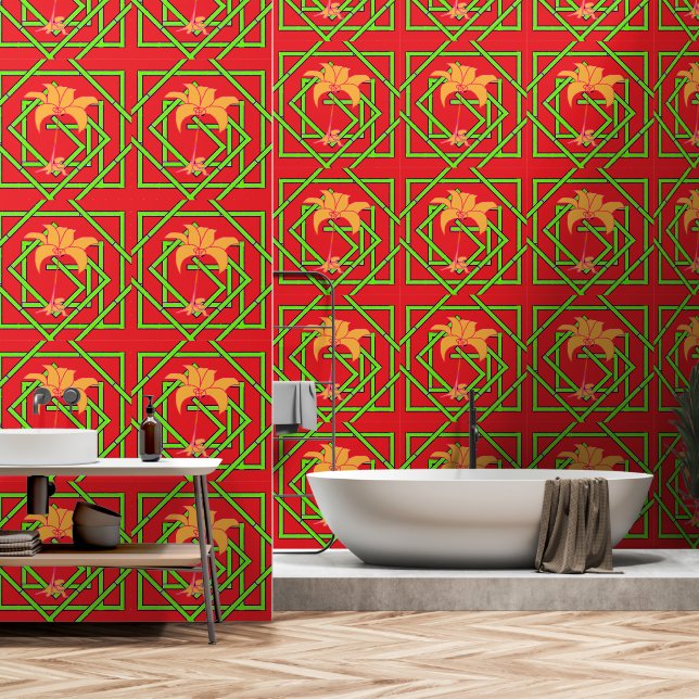 Green Geo Floral Red Tapete (Badezimmer)