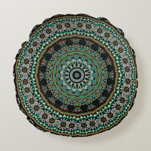 Green Geometric Floral Boho Tribal Mandala Rundes Kissen