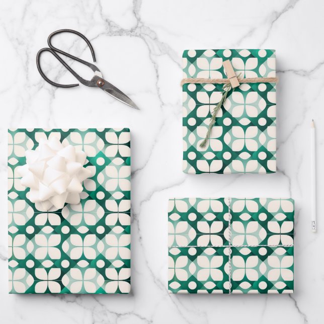 Green Geometric Retro Pattern Wrapping Paper Geschenkpapier Set (Vorderseite)