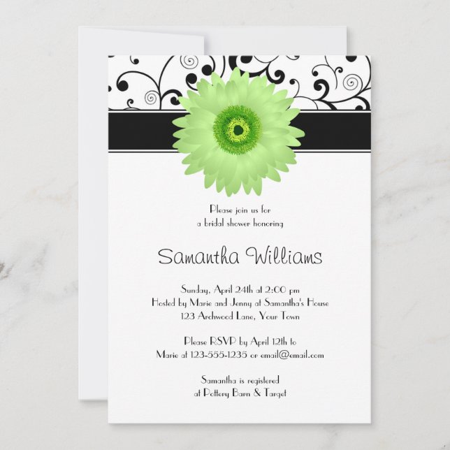 Green Gerbera Daisy Black Scroll Brautparty Einladung (Vorderseite)