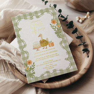 Green Gingham Albern Gänse 1. Geburtstag Folieneinladung