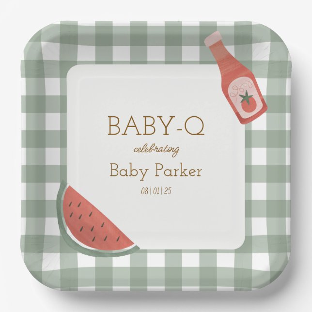 Green Gingham Baby-Q Square Plate Pappteller (Vorderseite)