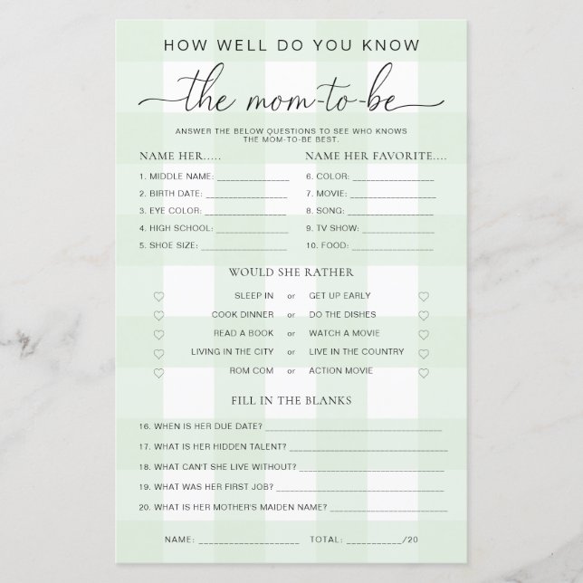 Green Gingham Baby Shower kennt das Mama-to-be-Spi (Vorderseite)