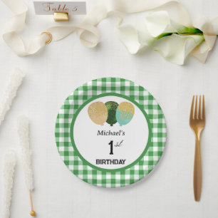 Green Gingham & Balloons 1. Geburtstag Pappteller