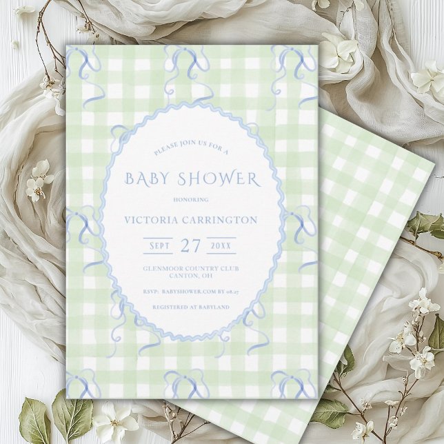 Green Gingham Blue Bows Vintag Baby Dusche Einladung (Von Creator hochgeladen)