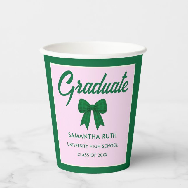 Green Gingham Bow Graduation Party Paper Cups Pappbecher (Vorderseite)