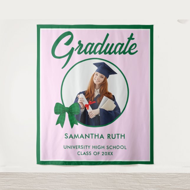 Green Gingham Bow Photo Graduation Backdrop Wandteppich (Vorderseite)