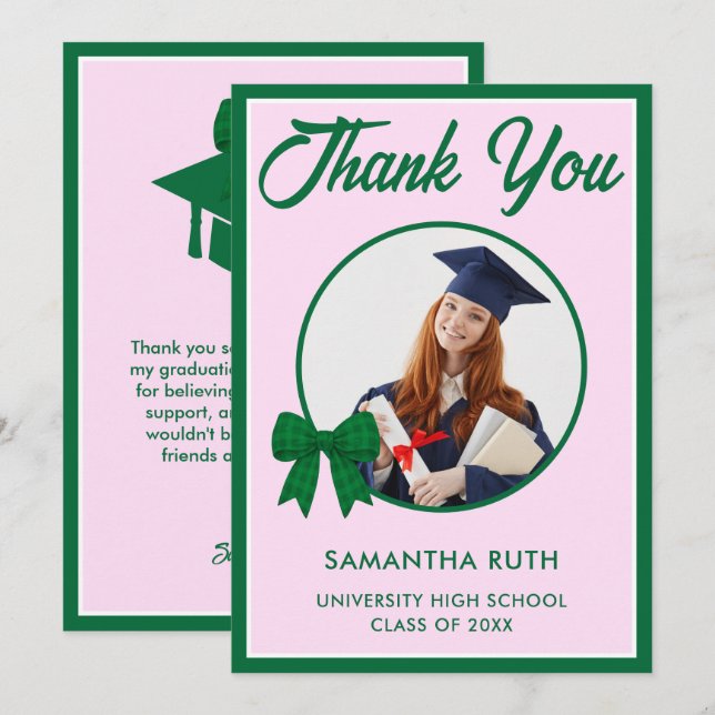 Green Gingham Bow Photo Graduation Dankeskarte (Vorne/Hinten)