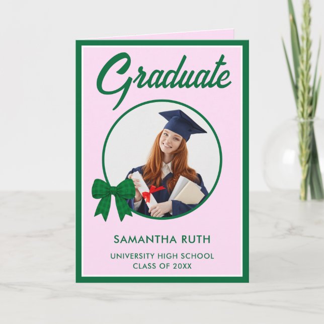 Green Gingham Bow Photo Graduation  Karte (Vorderseite)