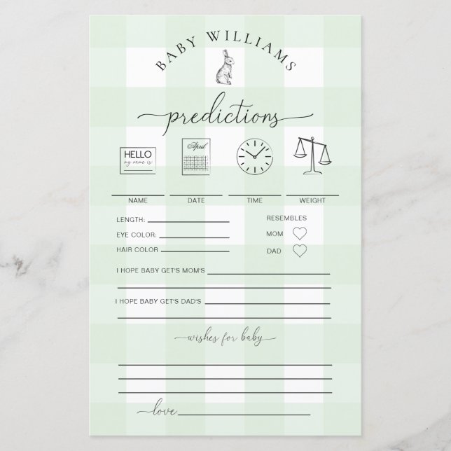 Green Gingham Bunny Baby Predictions Game (Vorderseite)