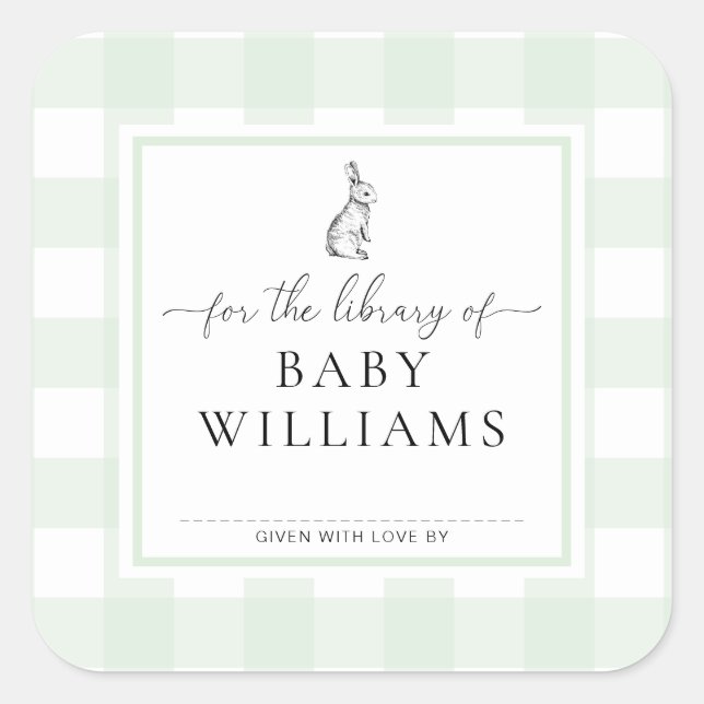 Green Gingham Bunny für die Bibliothek von Buchzei Quadratischer Aufkleber (Vorderseite)