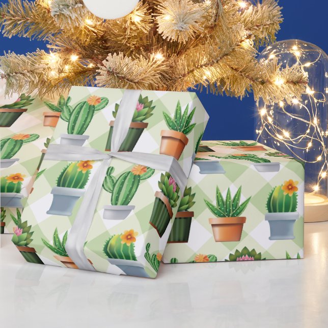 Green Gingham Cactus Pattern Geschenkpapier (Feiertage)