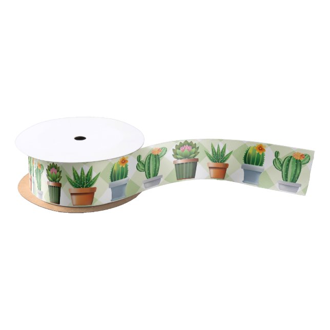 Green Gingham Cactus Pattern Satinband (Spule)