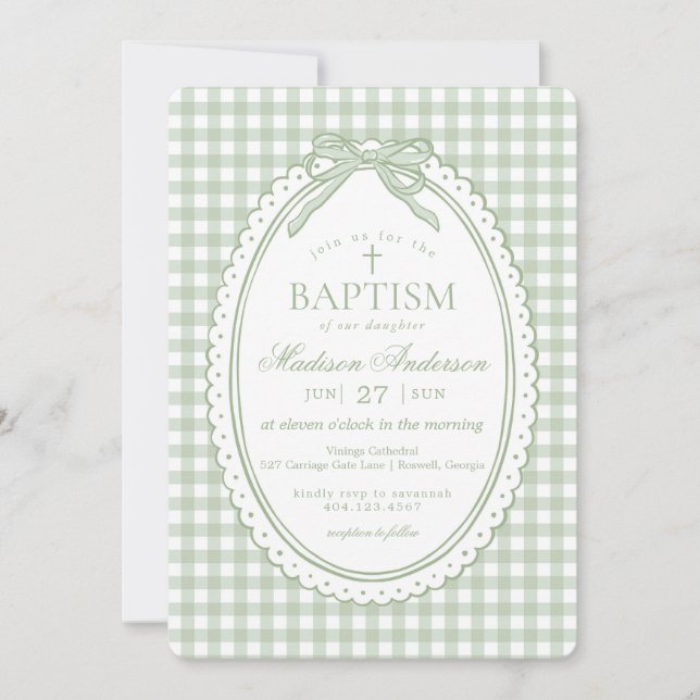 Green Gingham Coquette Bow Baptism Einladung (Vorderseite)