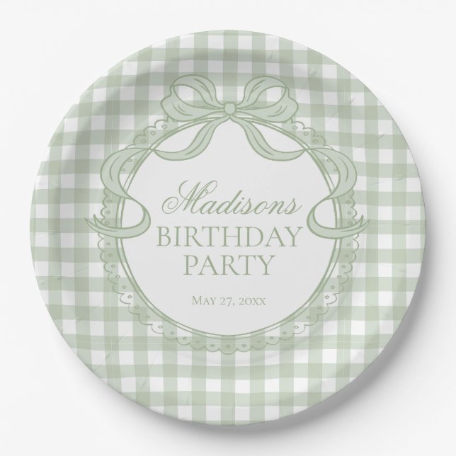 Green Gingham Coquette Bow Birthday Party Pappteller (Vorderseite)