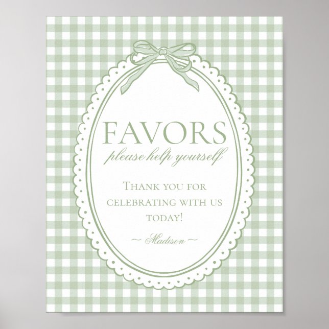 Green Gingham Coquette Bow Favors Sign Poster (Vorne)