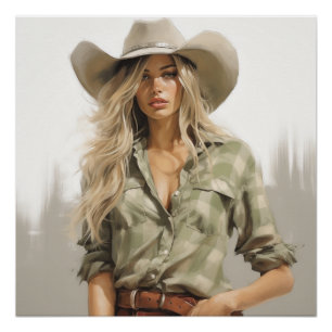 Green Gingham: Cowgirl Wall Art Poster