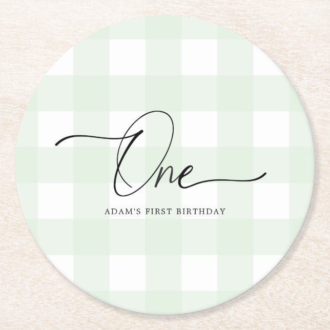 Green Gingham First Birthday Drink Untersetzer (Vorderseite)