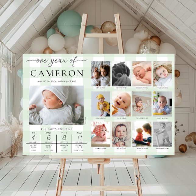 Green Gingham First Birthday Foto Milestone Poster (Von Creator hochgeladen)