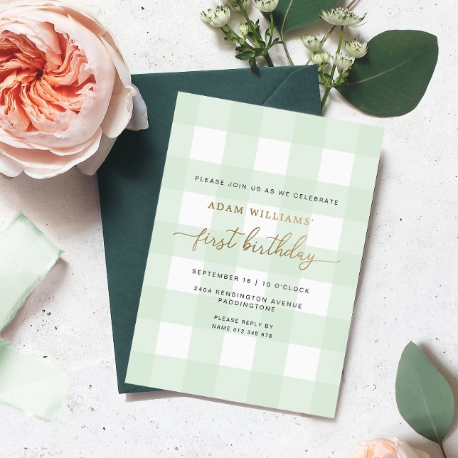 Green Gingham First Birthday Gold Foil Einladung (Von Creator hochgeladen)