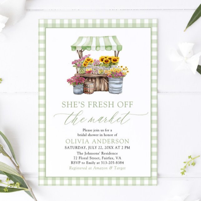 Green Gingham Fresh Off The Market Brautparty Einladung (Green Gingham Fresh Off The Market Bridal Shower Invitation)