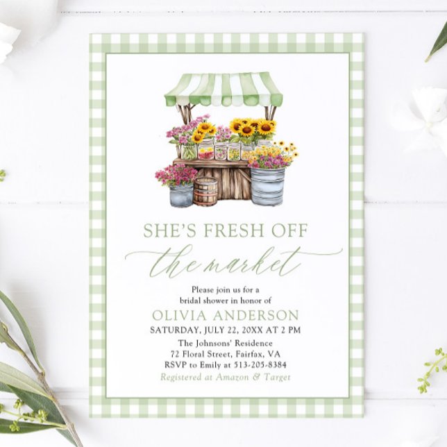 Green Gingham Fresh Off The Market Brautparty Einladung (Green Gingham Fresh Off The Market Bridal Shower Invitation)