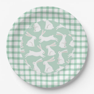 Green Gingham Kariert Rabbits Party Babydusche Pappteller