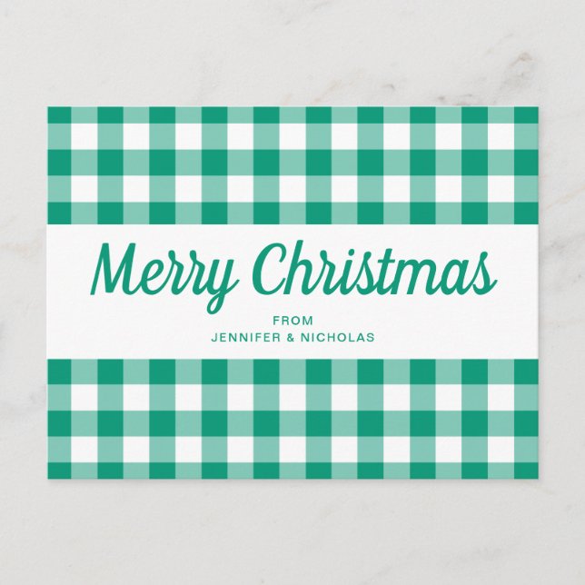 Green Gingham Karos Frohe Weihnachtsschrift Postkarte (Vorderseite)