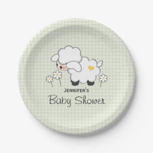 Green Gingham Lamb Baby Dusche Pappteller