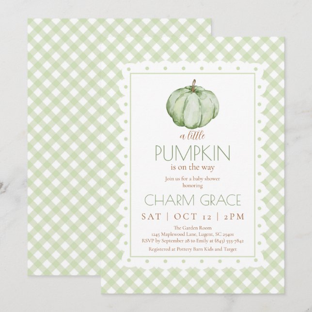 Green Gingham Little Pumpkin Baby Shower Einladung (Vorne/Hinten)