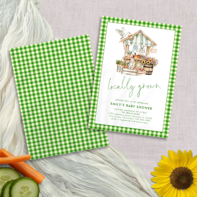 Green Gingham Local Grown Market Baby Shower Einladung (Front and back view)