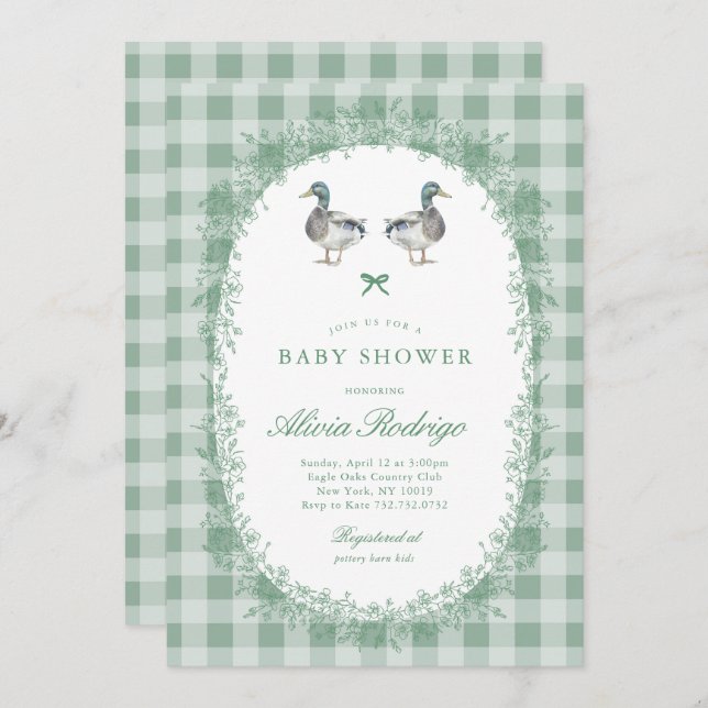 Green Gingham Mallard Duck Baby Shower Einladung (Vorne/Hinten)