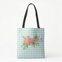 Green Gingham mit Peony Blume Tote Tasche