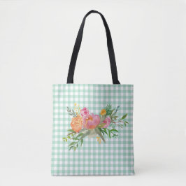 Green Gingham mit Peony Blume Tote Tasche