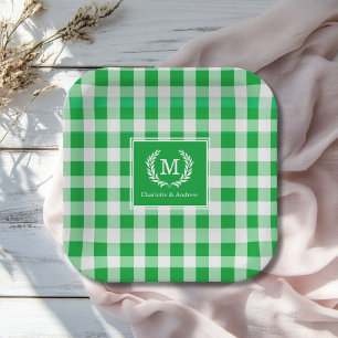 Green Gingham Monogram Wappen Custom Pappteller