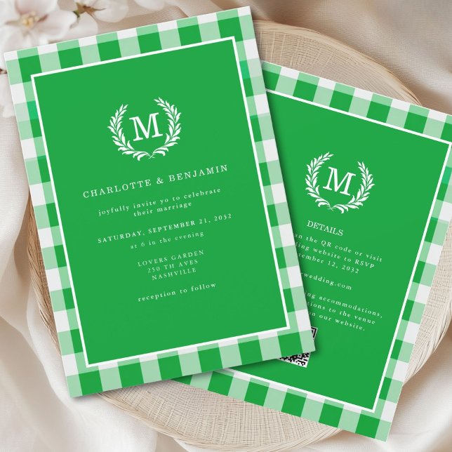 Green Gingham Monogram Wappen QR Code Einladung (Green Gingham Monogram Crest Invitation with QR Code dor Details, Wedding Website, RSVP.)