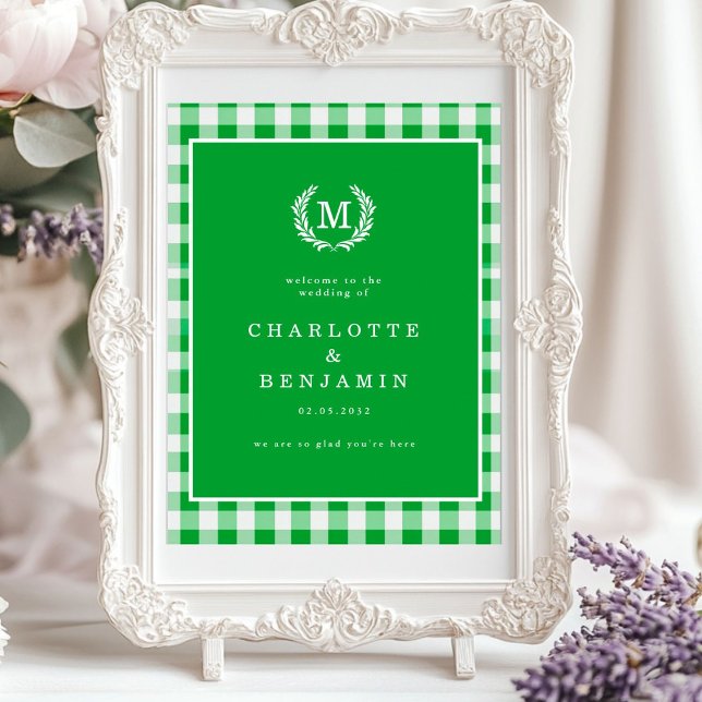 Green Gingham Monogram Wappen Wedding Welcome Poster (Green Gingham Monogram Crest Wedding Welcome Poster)