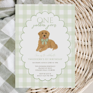Green Gingham One Golden Year First Birthday Puppy Einladung