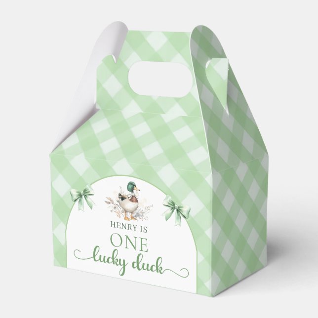 Green Gingham One Lucky Duck Birthday Favor Box Geschenkschachtel (Vorderseite)