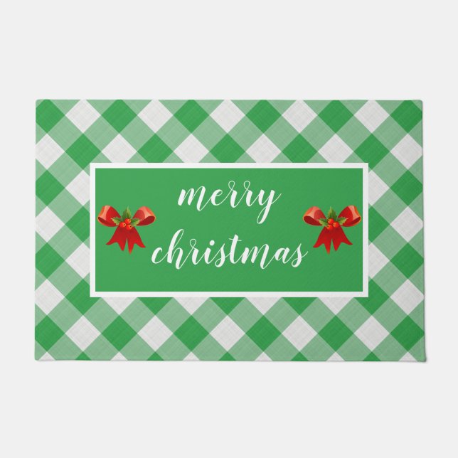 Green Gingham Pattern Merry Christmas Custom Fußmatte (Vorderseite)