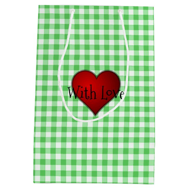 Green Gingham Red heart with Liebe Mittlere Geschenktüte (Rückseite)