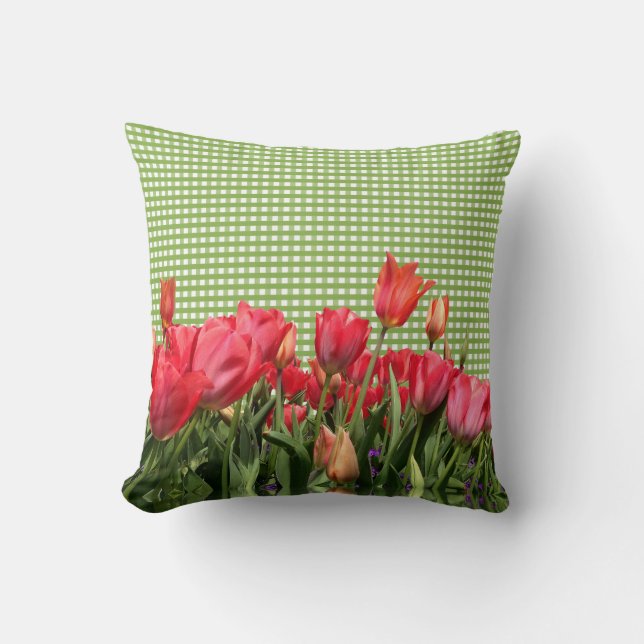 Green Gingham & Red Tulips Pillow Kissen (Vorderseite)