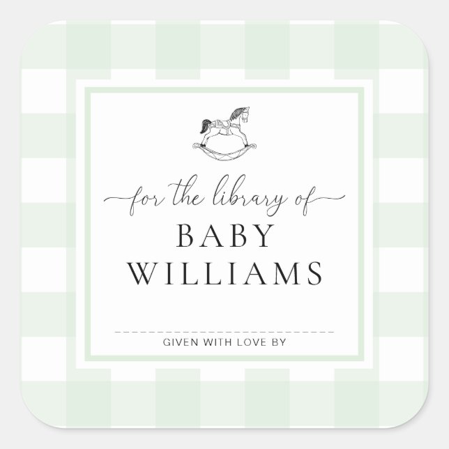 Green Gingham Rocking Horse Library of Buchzeichen Quadratischer Aufkleber (Vorderseite)