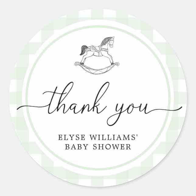 Green Gingham Rocking Horse Shower Favor Sticker (Vorderseite)