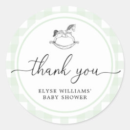 Green Gingham Rocking Horse Shower Favor Sticker