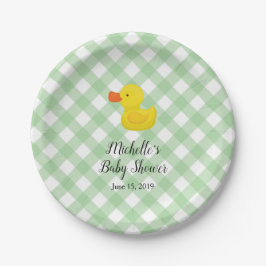 Green Gingham Rubber Duckie Baby Shower Pappteller