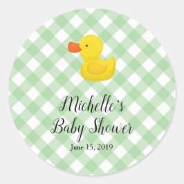 Green Gingham Rubber Duckie Baby Shower  Runder Aufkleber